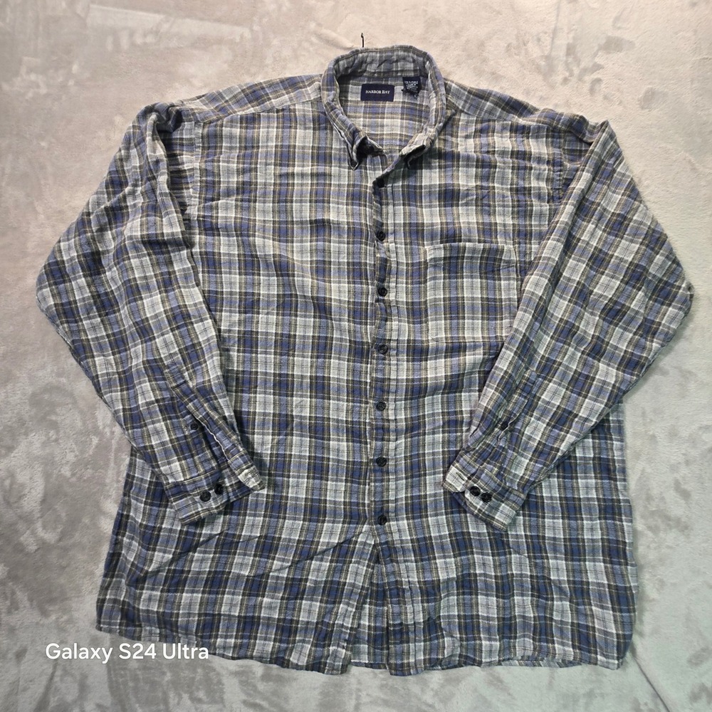 Harbor Bay Mens 3XLT Plaid Flannel Button Down Shirt Blue Grey Cotton Tall